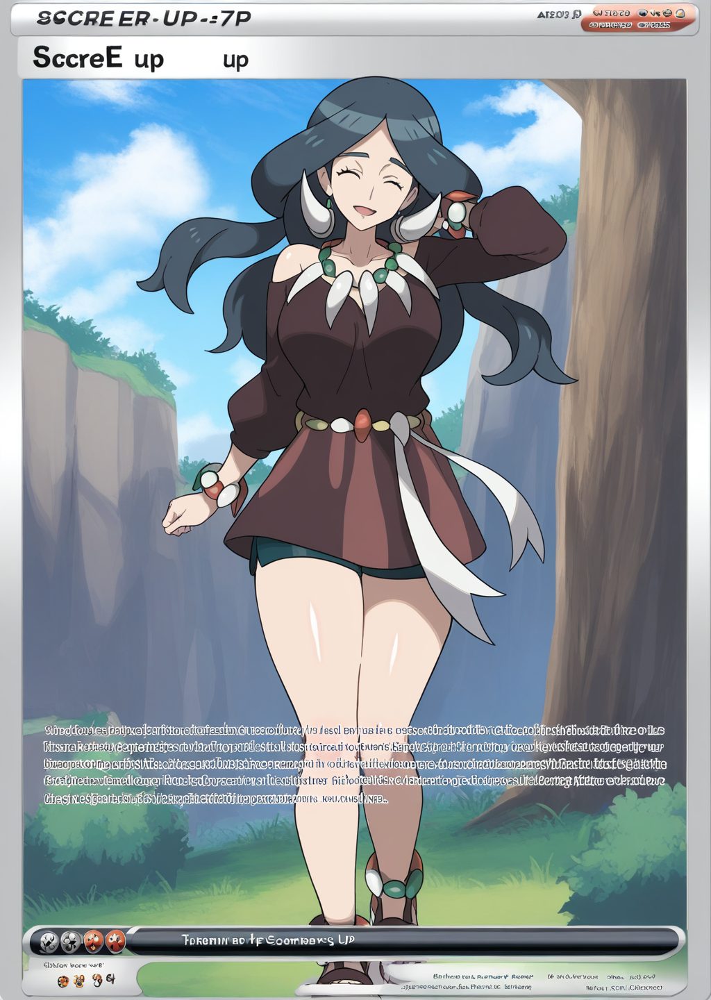 score_9, score_8_up, score_7_up, score_6_up, score_5_up, score_4_up, masterpiece,  detailed, high quality, BREAK, full body, 1girl, shiny skin,    <lora:Drasna (Pokemon X&Y) [Illustrious]:0.8> long hair, black hair, necklace, drasna (pokemon), drasna, eyes closed, hairpiece, closed eyes, mature female,  <lora:Pokemon_Card_Template_Concept_Illustrious:0.8> pokecards, pokemon cards, colored border, text,