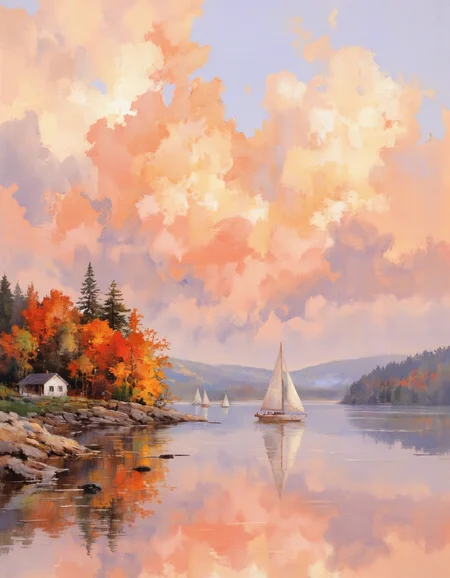 AquarelleIV. A serene and peaceful scene featuring a sailboat on a calm lake surrounded by colorful autumn foliage. the sky is filled with fluffy, orange and pink clouds, and the water reflects the vibrant colors of the sky. the sailboat is in the center of the image, with its white sails billowing in the gentle breeze. it is surrounded by a rocky shoreline with a small white cabin on the left and a few other sailboats visible in the distance. the lake is calm and still, reflecting the colors of autumn foliage and the sky, creating a sense of tranquility and serenity. the overall mood is peaceful and tranquil, with a sense that the viewer is taking a moment to appreciate the beauty of the scene.