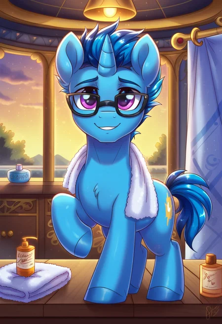 (feral) unicorn, solo male, stallion, pony, masseuse, male, blue body, dark blue short spiky hair, black framed glasses, towel on neck, spa, cozy, massage table,, standing, raised leg, front view, comforting smile,, Expressiveh, lotion bottles, looking at viewer, indoors, highly detailed, soft skin