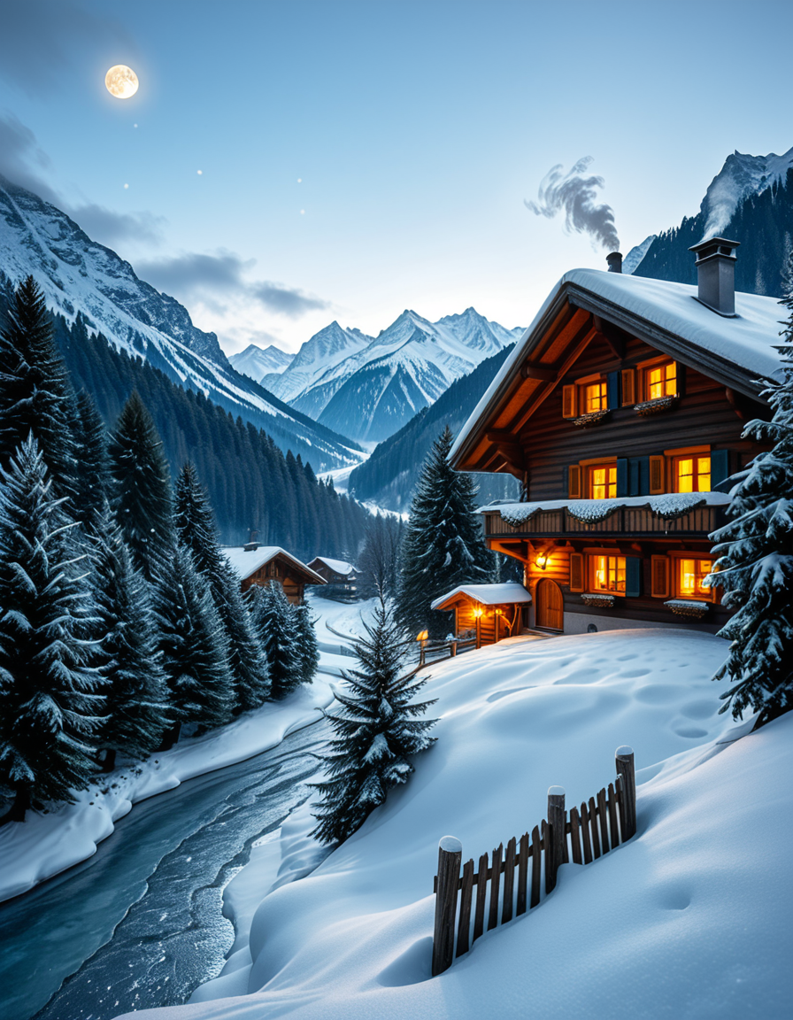 A stunning winter scene in the Tyrol region of Austria. A charming wooden chalet with traditional alpine architecture stands on a gentle snow-covered slope, surrounded by dense evergreen forests blanketed in fresh snow. The chaletâs warm interior lights glow softly through its large windows, creating a cozy contrast against the cool twilight hues of the sky. A plume of smoke drifts from the chimney, hinting at a roaring fireplace inside. In the foreground, a small wooden fence is partially buried under the snow, while a frozen river winds through the valley, reflecting the moonlight. Towering, snow-capped peaks of the Austrian Alps dominate the background, adding a breathtaking sense of grandeur. Snowflakes gently fall, adding movement and depth to the peaceful, picturesque scene. The image is hyper-realistic, capturing the intricate textures of the wood, snow, and ice, with cinematic lighting that highlights the magical winter ambiance.
<lora:SDXLFaeTastic2400:0.4> <lora:extremely_detailed:0.4> extremely detailed,<lora:winter_scene_in_the_Tyr0l:1>,winter scene in the Tyr0l, Masterpiece,best quality,hi res,8k,hi res,8k,award winning,(sharp focus, intricate, highly detailed),