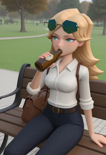 (1girl, solo), masterpiece, best quality, absurdres, newest, 3d, low poly, painterly,
blonde hair, long hair, eyewear on head, green eyes, bag, white shirt, belt, pants,
sitting on park bench, drinking, beer bottle