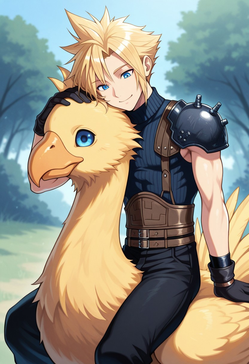masterpiece,best quality,amazing quality, source_anime,
SoutouKumo, 1boy, male focus, solo, blue eyes, blonde hair, spiked hair, shoulder armor, single bare shoulder, sleeveless turtleneck, gloves, multiple belts, black pants, outdoor, petting chocobo, smile, toned male,