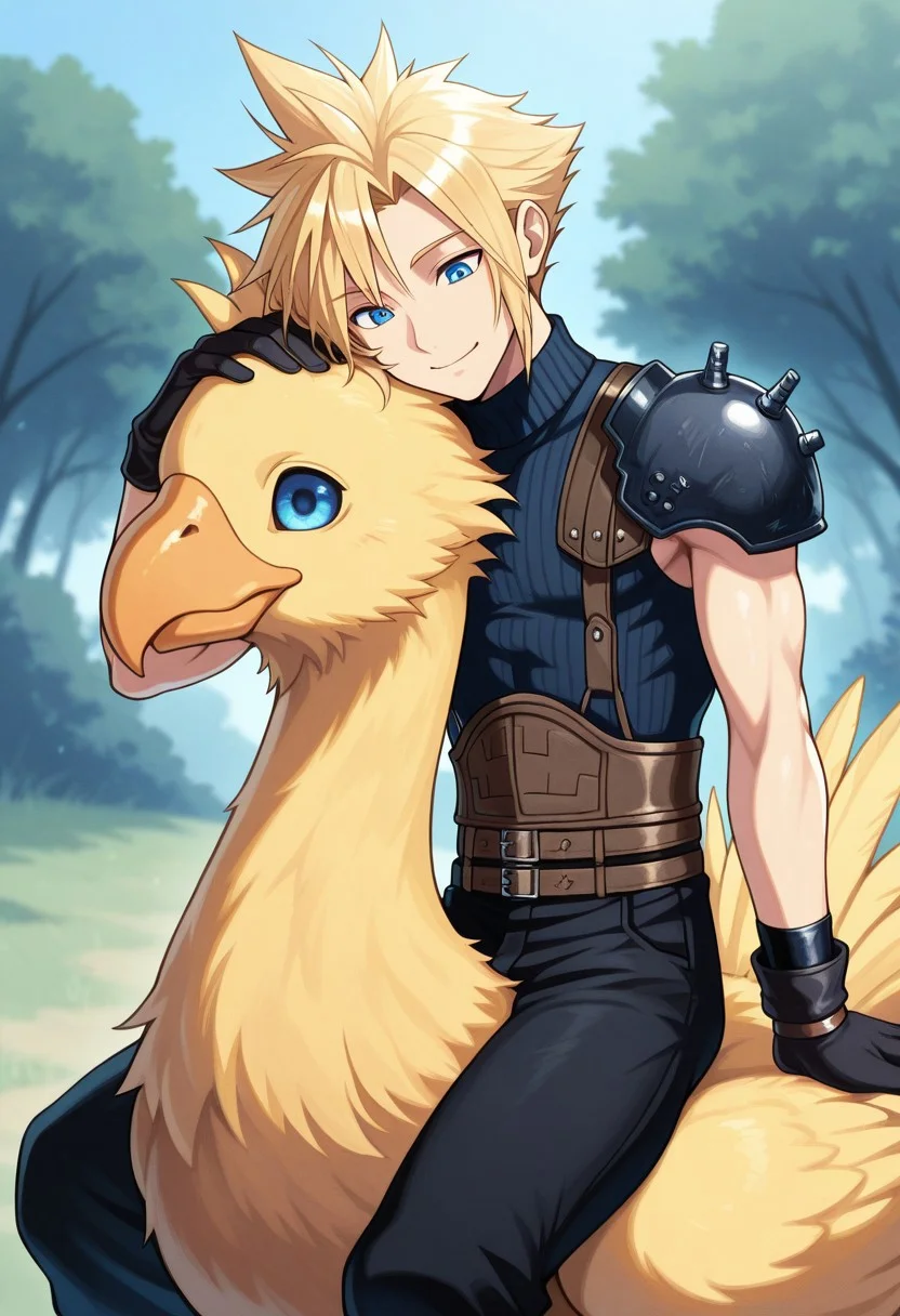 masterpiece,best quality,amazing quality, source_anime,
SoutouKumo, 1boy, male focus, solo, blue eyes, blonde hair, spiked hair, shoulder armor, single bare shoulder, sleeveless turtleneck, gloves, multiple belts, black pants, outdoor, petting chocobo, smile, toned male,