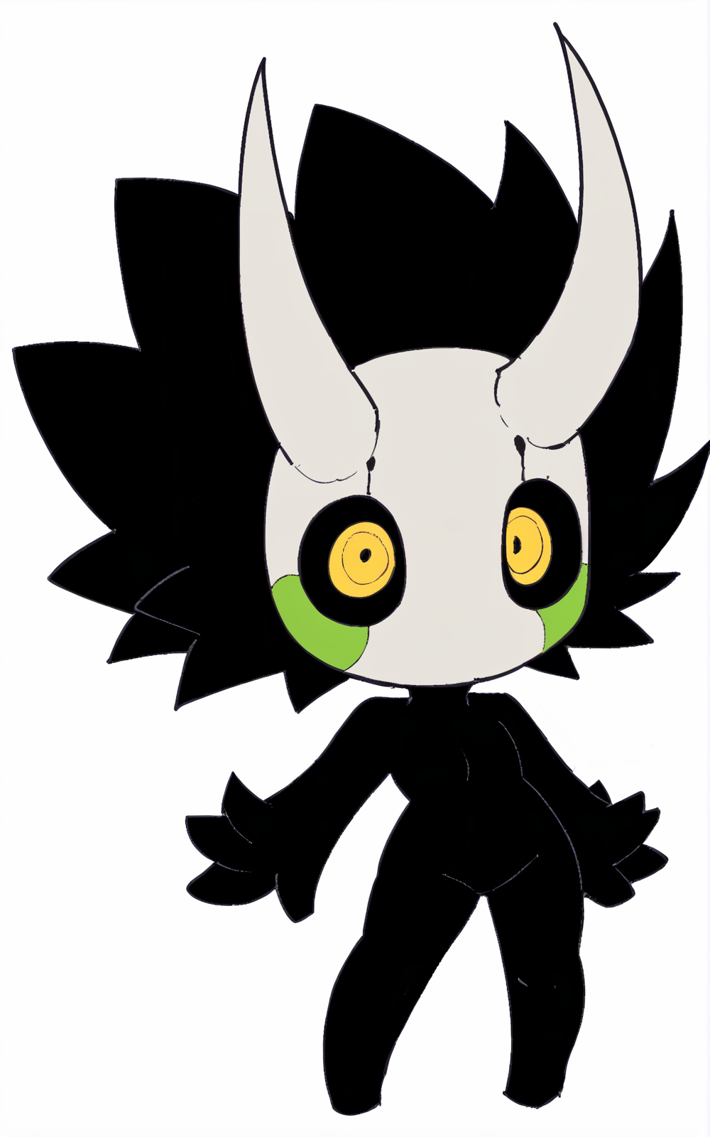 score_9, score_8_up, score_7_up,((best quality)), absurdres, ((full body)), <lora:BolivanteStyle:0.8>,  <lora:GouthaPXL:0.8>,GouthaPXL,mask. black skin, yellow eyes, horns, black hair, spiked hair, black sclera, white background,white horns