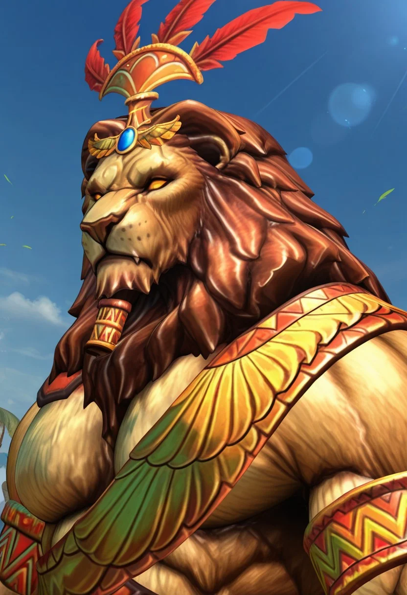 anhur (smite), solo, furry, lion, tail, detailed eyes, orange sclera, no pupils, glowing, muscular, masculine, large pectorals, dynamic angle, face focus, portrait, close up, side angle, topless, circlet, headdress, sash, armlet, unparalleled masterpiece, extremely-detailed, high resolution, intricate detail, very aesthetic, scenery, newest