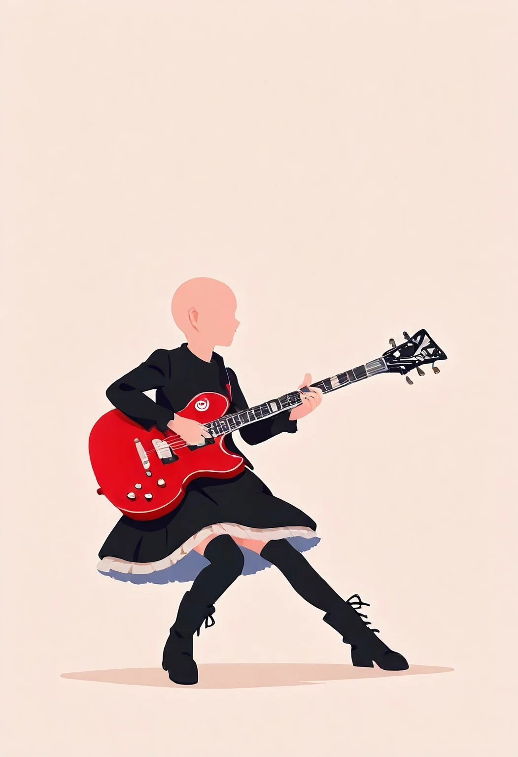 best quality, masterpiece,
sunlight,colorful,1girl,black dress,gothic dress,black boots,black thighhighs,bald_head, red guitar,gibson sg,playing guitar,spotlight, dynamic pose,
<lora:Minimalistic_Wallpaper_Style_for_Mobile__Anime_version_for_IllustriousXL:1>minimalistic, 8k wallpaper,pastel colors, pop art style,no lineart, flat color,simple background,