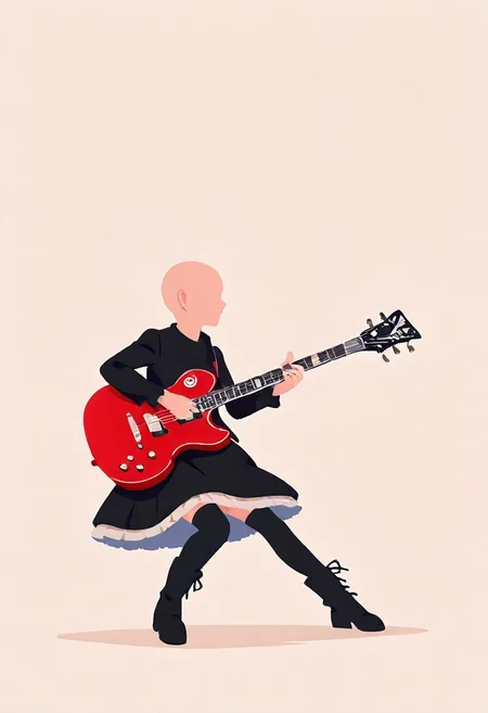 best quality, masterpiece,
sunlight,colorful,1girl,black dress,gothic dress,black boots,black thighhighs,bald_head, red guitar,gibson sg,playing guitar,spotlight, dynamic pose,
<lora:Minimalistic_Wallpaper_Style_for_Mobile__Anime_version_for_IllustriousXL:1>minimalistic, 8k wallpaper,pastel colors,  pop art style,no lineart, flat color,simple background,