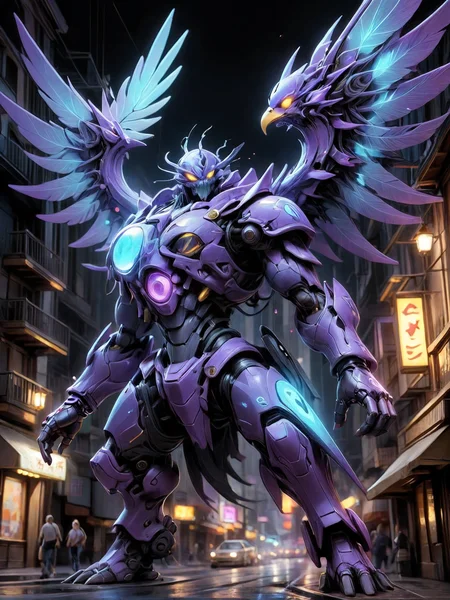 Ultra realistic digital painting of a purple mecha raven with neon blue bioluminescence, translucent materials, intricate machinery, metallic plating, glowing biological components, flying through city at night under moonlight, colorful, drawing, painting, sharp crisp lines, highly detailed, smooth textures, tone mapped, concept art, digital art, artstation, by Gregory Rutkowski.