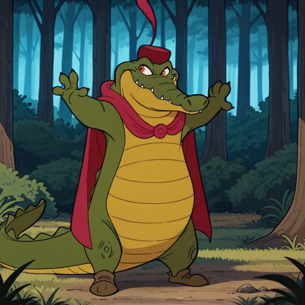 masterpiece, best quality, amazing quality, CapCrocRHil, semi-anthro, male, Crocodile, green skin, orange eyes, red cape, red hat, red hat feather, brown shoes, standing, in forest,, hands up, solo