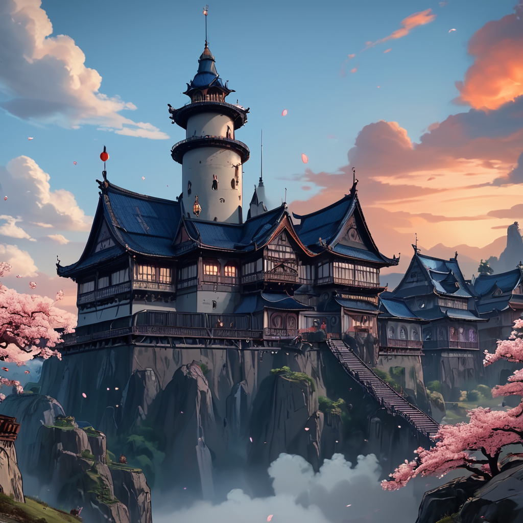 core_9, score_8_up, score_7_up, score_6_up, <lora:ArsMJStylePony_-_Anime_C:0.8> ArsMJStyle, AnimeC, Flying castle over Edo-period village, cherry blossoms swirling. Blue-eyed ronin on rooftop, hair flowing in wind. Ghibli-style cloud formations, detailed miniature town below. Pastel sunset colors, steampunk elements on castle.