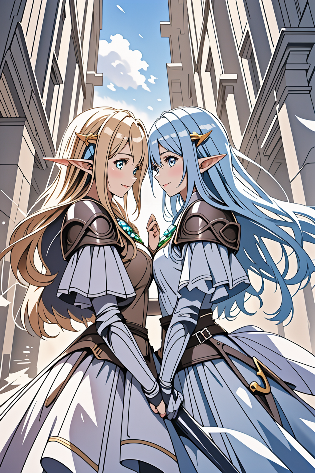 official art, fantasy, 2girls talking  ,elf,  adventurer's guild counter, smile <lora:LCM_LoRA_Weights_SD15:1>