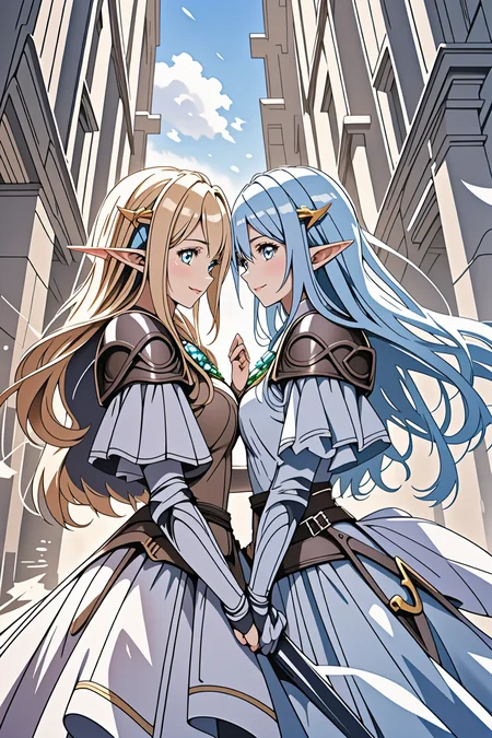 official art, fantasy, 2girls talking ,elf, adventurer's guild counter, smile <lora:LCM_LoRA_Weights_SD15:1>