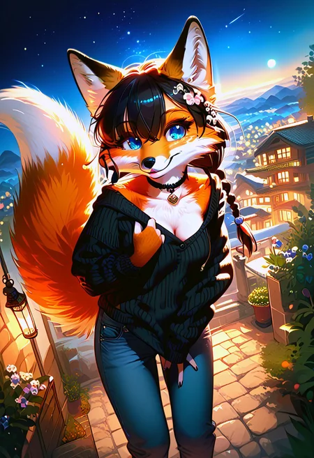 score_9, score_8_up, score_7_up, braided black hair, anthro fox female,foxfolk,perfecteyes,blue eyes, one eye covered by hair, open chest, medium breasts, down blouse,black choker, black knittet sweater,over sized sweater, tights, jeans,from above, selfie, looking at viewer,dutch angle, perfect quality, high quality,  at night ,cosy athmosphere, expressiveH