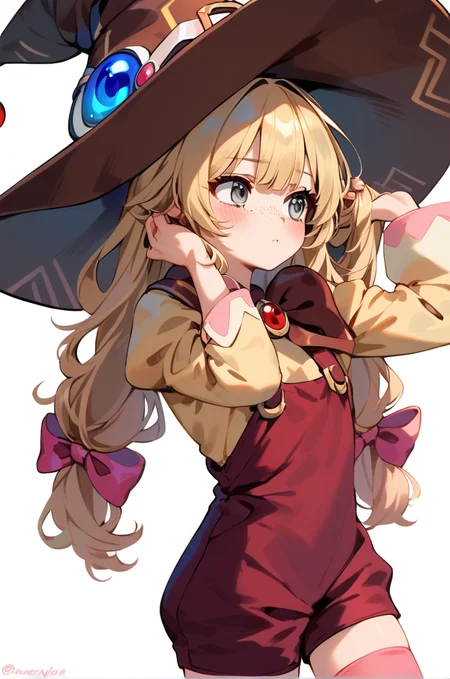 score_9, score_8_up, score_7_up, very aesthetic, source_anime, detailed,
simple background,
looking away, holding own hair, blush, embarassed,
<lora:beryl_autismConfetti_v02:0.99>berylBase, freckles, hair ribbon, blonde hair, grey eyes, long hair, brown witch hat,
puffy sleeves, wide sleeves, long sleeves, yellow shirt, red shorts, pink ribbon, pink thighhighs,, zPDXL