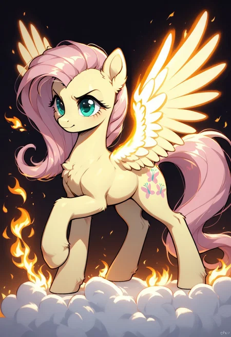 core_9, score_8_up, score_7_up, score_5_up, source_anime, Fluttershy, depicted as a powerful and magical pony with clearly equine facial features, surrounded by vibrant, glowing magical energy swirling dynamically around her. The magic radiates in shades of neon pink, fiery red, and glowing y3ll0wblu3, creating a stunning and otherworldly effect. Embers float in the air, with fiery sparks and volumetric lighting adding depth and intensity. Her expression is fierce and determined, emphasizing her strength and focus, while her mane and fur are illuminated by the radiant magic. The background is dark and shadowy, contrasting with the glowing magic and embers, enhancing the painterly and mystical art style. Ultra-detailed, cinematic composition, vibrant colors, striking contrasts, and high-quality rendering, pony-style anatomy with perfect proportions.