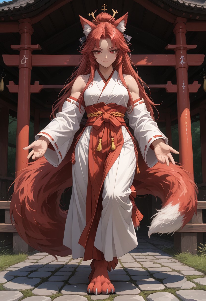 score_9, score_8_up,solo,(fox girl),dark red fur,standing proudly,cute eyes,beautiful face,shiny skin,narrow waist,((slender figure:1.3)),(huge fluffy ears:1.4,pointy),(big fluffy tail,detailed tail),jewelry,elegant adornments,((sleeveless miko clothes)),loose top,(short hakama),(midriff:1.1),hip window,abs,muscular,muscular arms,marked veins,meditation,muscular legs,inviting expression,smile,((girl focus,full body focus)),proud expression,dumb smile,closed mouth,cat mouth,(dark red eyelashes,long eyelashes),(close-up),(one leg up),(fighting pose),((imposing figure)),(paws,paw feet),closed hands,
outdoors scenery,eastern medieval shrine,(view from front)