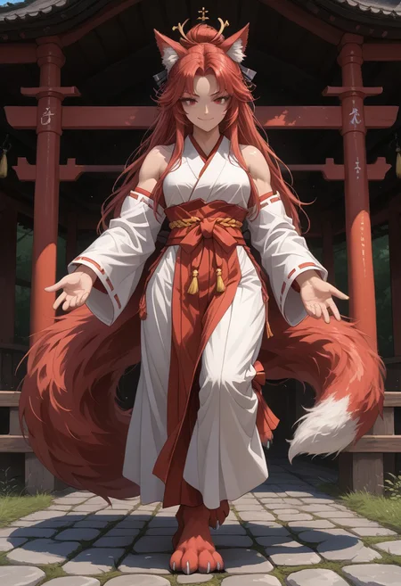 score_9, score_8_up,solo,(fox girl),dark red fur,standing proudly,cute eyes,beautiful face,shiny skin,narrow waist,((slender figure:1.3)),(huge fluffy ears:1.4,pointy),(big fluffy tail,detailed tail),jewelry,elegant adornments,((sleeveless miko clothes)),loose top,(short hakama),(midriff:1.1),hip window,abs,muscular,muscular arms,marked veins,meditation,muscular legs,inviting expression,smile,((girl focus,full body focus)),proud expression,dumb smile,closed mouth,cat mouth,(dark red eyelashes,long eyelashes),(close-up),(one leg up),(fighting pose),((imposing figure)),(paws,paw feet),closed hands,
outdoors scenery,eastern medieval shrine,(view from front)