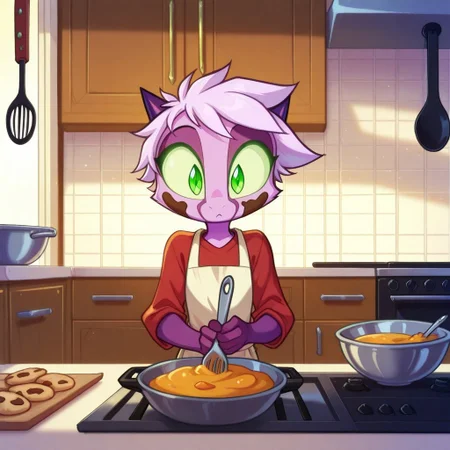 Dreamkeepers,1girl,Prelude_Namah,solo,furry,tail,source_furry, green eyes,masterpiece,
kid, child,
apron, kitchen, cooking, flour_on_face, holding_spoon, mixing_bowl, warm_lighting, homemade_food, baking, cute, messy, cheerful, soft_focus, oven, cookies, cake, excited_expression, detailed_background, casual_clothing