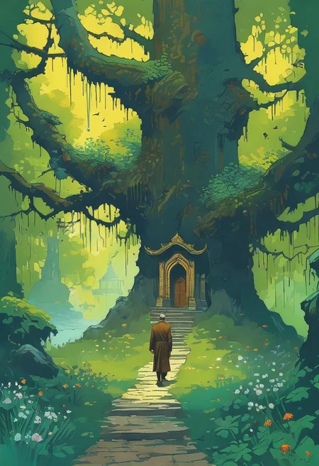 <lora:kallmekris:0.5> kallmekris mixed with <lora:esme_sdxl:0.5> esme , fantasy, fantasy art, A mystical forest filled with ancient trees, glowing flowers, and ethereal creatures like fairies and talking animals. animals, fairies, magical creatures, fantastic beasts,  The atmosphere is both enchanting and eerie, with shadows of lurking dangers. In the center, a gateway to different realms. Bengali landscape, Indian landscape,, i oil painting, palette knife soft brushstrokes, heavy strokes, dripping paint, art station on trend, sharp focus, intricate details, highly detailed ,art by enki bilal, art by philippe druillet, art by moebius, inspired by french comics art ,art by Jakub Rozalski,