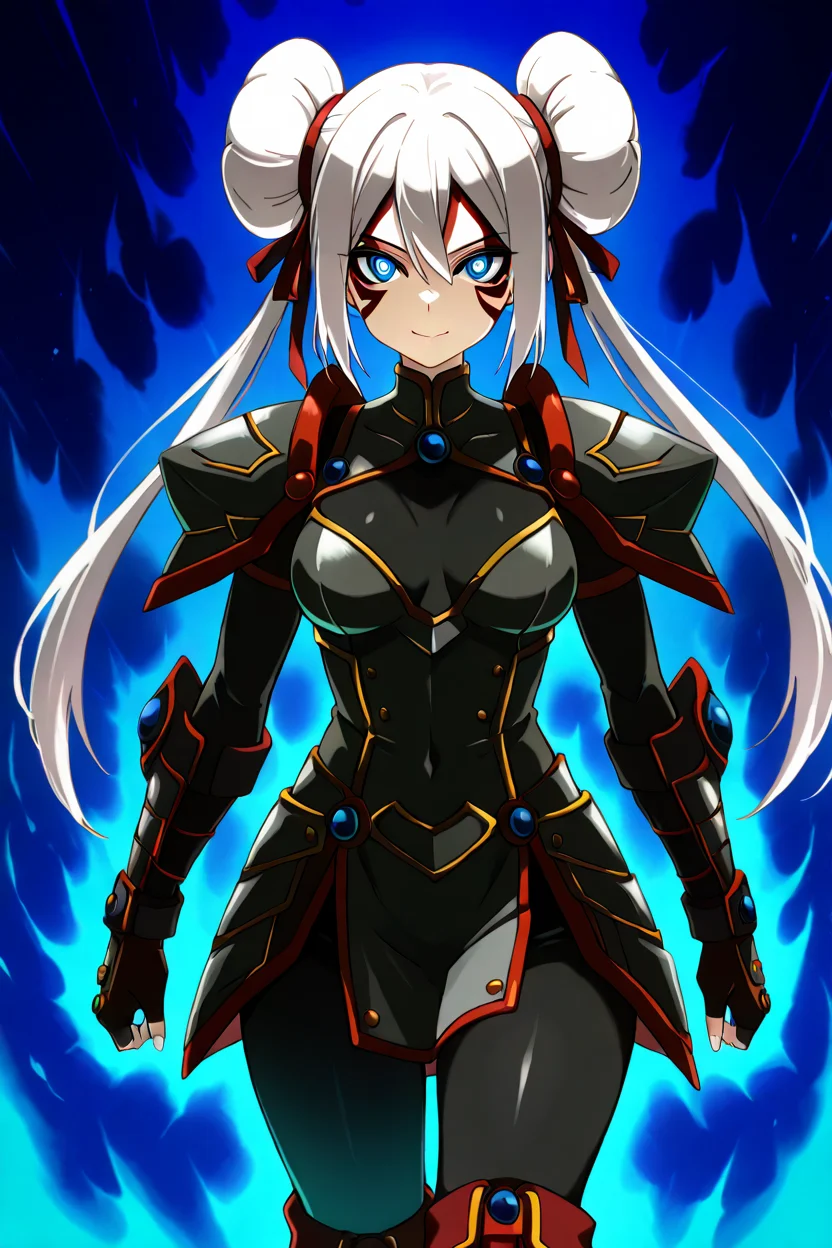 masterpiece, best quality, medium breasts, (curvy), ,,, BREAK, zzRosa, hair bun, blue eyes, twintails, <lora:RosaPokemonIXL:1.2>,BREAK, smile, looking at viewer, cowboy shot, <lora:PrismaIllyaIXL_v2:0.8>, <lora:FierceDeityFormIXL:1.0>, zzFierce, facial mark, armor, alternate hair color, alternate costume, alternate eye color, dark persona, , tattoo, facial tattoo, shoulder armor, gloves, white hair, fingerless gloves,boots, aura,