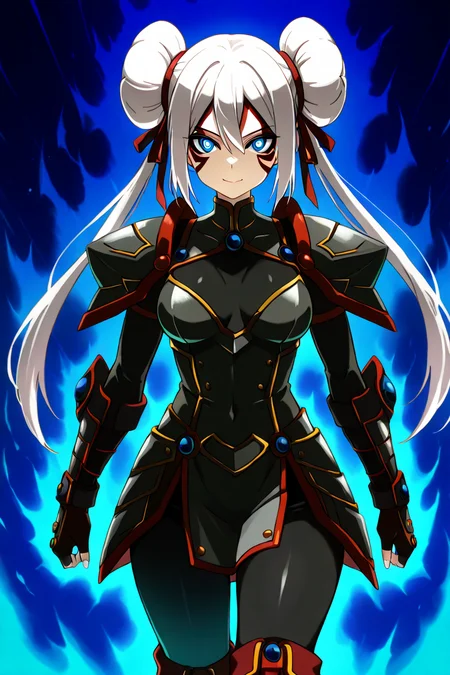 masterpiece, best quality, medium breasts, (curvy), ,,, BREAK, zzRosa, hair bun, blue eyes, twintails, <lora:RosaPokemonIXL:1.2>,BREAK, smile, looking at viewer, cowboy shot, <lora:PrismaIllyaIXL_v2:0.8>, <lora:FierceDeityFormIXL:1.0>, zzFierce, facial mark, armor, alternate hair color, alternate costume, alternate eye color, dark persona, , tattoo, facial tattoo, shoulder armor, gloves, white hair, fingerless gloves,boots, aura,