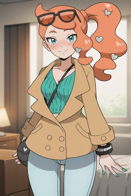 score_9, score_8_up, score_7_up, score_6_up, score_5_up, score_4_up, BREAK source_anime,
<lora:SoniaXL-v2-06:0.8>, ChopioSonia, long hair, orange hair, heart hair ornament, aqua eyes, eyelashes, looking at viewer,
green nails, side ponytail, eyewear on head, sunglasses,
medium breasts, wide hips,
outfit_1, brown coat, partially unbuttoned, buttons, long sleeves, green crop top, ribbed shirt, strap between breasts, black handbag, bracelet, light blue skinny jeans,
bedroom, standing, seductive smile, blush, contrapposto,