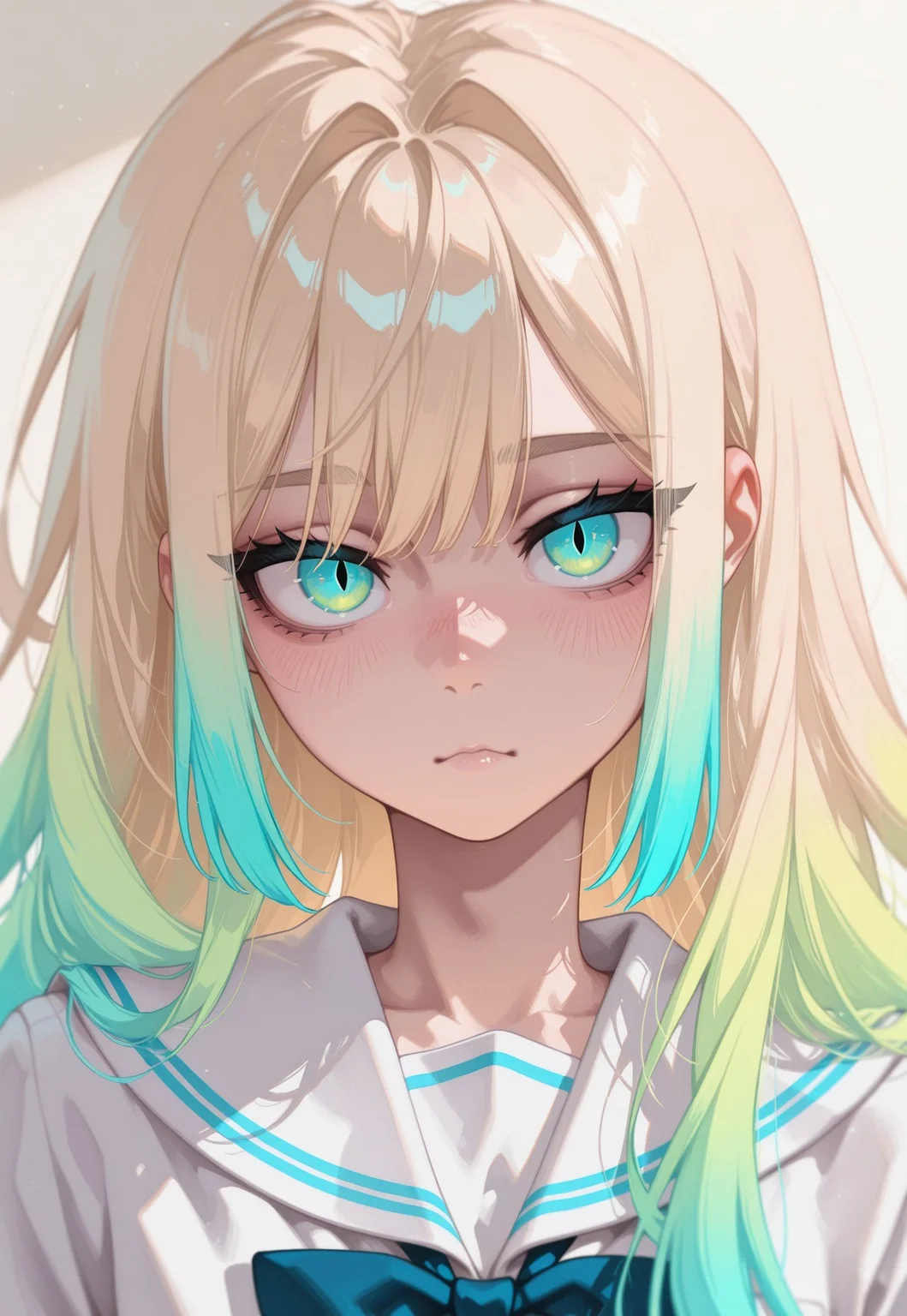 1girl, solo, close-up, looking at viewer, expressive eyes, sharp eyelashes, long flowing hair, detailed hair strands, colorful gradient hair, natural skin tone, faint blush, small nose, soft lips, calm expression, school uniform, sailor collar, blue bow, white blouse, clean background, soft lighting, cinematic light, soft shadows,
BREAK
masterpiece, best quality, amazing quality, newest, absurdres,