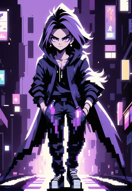 this is a photo of a fashion boy, it is a straight angle with his full body, he has a wonderful purple_eyes and long straight hear, standing in the middle of street in the dark, pixel_art style background
BREAK
<lora:pixel_art style backgound:0.8>