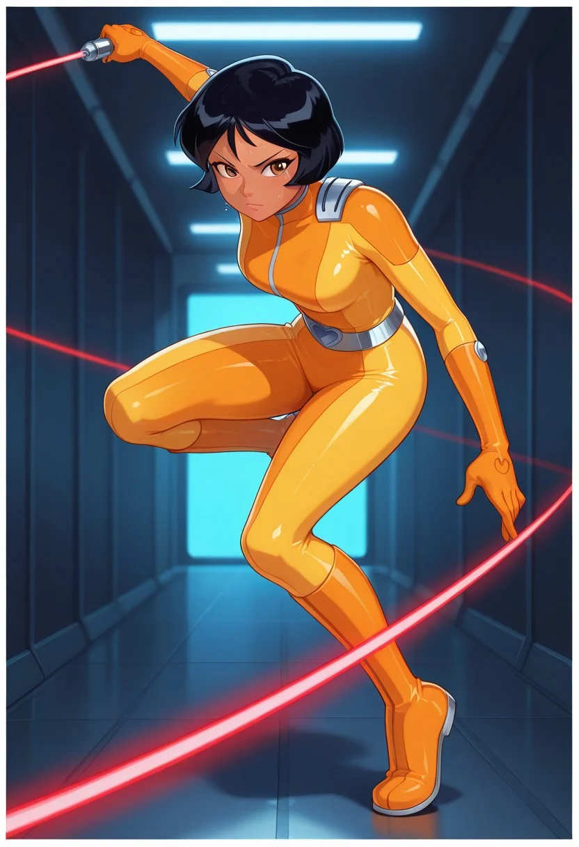 Score 9, Score 8, Score 7, Masterpiece, High Quality, Good Quality, Latest Model, High Resolution, Absurd, ((White Border)), Cinematic Lighting, High Contrast (Edge Light: 0.6), Dynamic Vision, <lora:illustriousXL_stabilizer_v1.23:0.3> <lora:NOOB_vp1_detailer_by_volnovik_v1:0.3> <lora:ponyv6_noobE11_2_adamW-000017:0.45> <lora:checkpoint-e18_s306:1.5> <lora:haiz_ai_illu:0.7>, Vibrant Colors, Bright Color, Dynamic Colors, Colorful Image, High Contrast, Saturated Colors, Thick Line, Bright Colors, Good Lighting, Color Saturation, Masterpiece, Best Quality, source_hentai,
Medium close-up,solo,1girl, (((full body))),
alex_totally_spies, short hair, black hair, brown eyes, dark-skinned female, yellow bodysuit,
In a laser room,
dodging laser beams, red laser beams, sweating, concentrating,