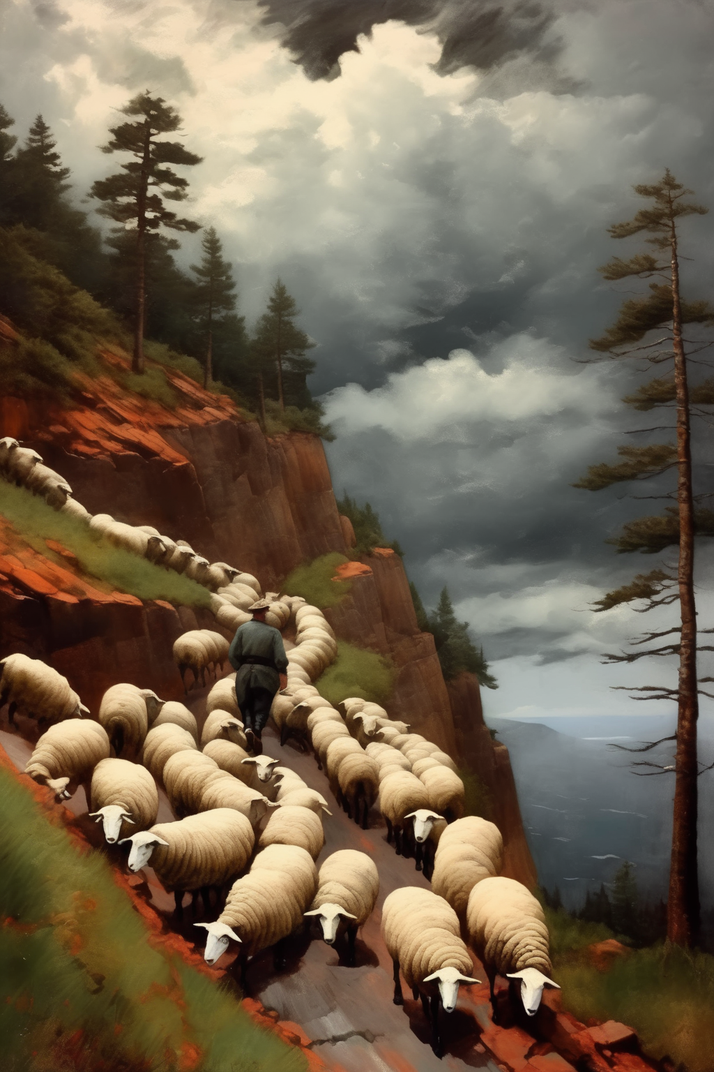 <lora:Winslow Homer Style:1>Winslow Homer Style - a man is walking his sheeps on a dangerous winding road around the cliff. Full of pine trees. Dramatic Cloud. Painted