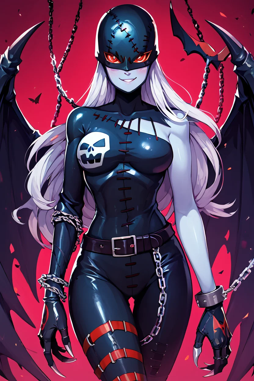 score_9, score_8_up, score_8, medium breasts, (curvy), cute, eyelashes, BREAK, , zzLadyDevi, chain, belt, stitches, claws, gloves, wings, asymmetrical clothes, bodysuit, <lora:LadyDevimon_Digimon_PDXL:0.8>, , BREAK, smile, looking at viewer, cowboy shot, ,,, embedding:zPDXL, <lora:theButcherXPDXL:0.8>,