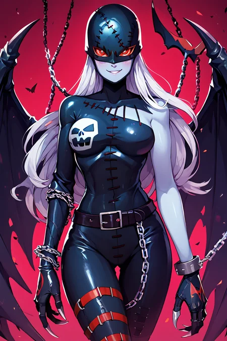 score_9, score_8_up, score_8, medium breasts, (curvy), cute, eyelashes, BREAK, , zzLadyDevi, chain, belt, stitches, claws, gloves, wings, asymmetrical clothes, bodysuit, <lora:LadyDevimon_Digimon_PDXL:0.8>, , BREAK, smile, looking at viewer, cowboy shot, ,,, embedding:zPDXL, <lora:theButcherXPDXL:0.8>,