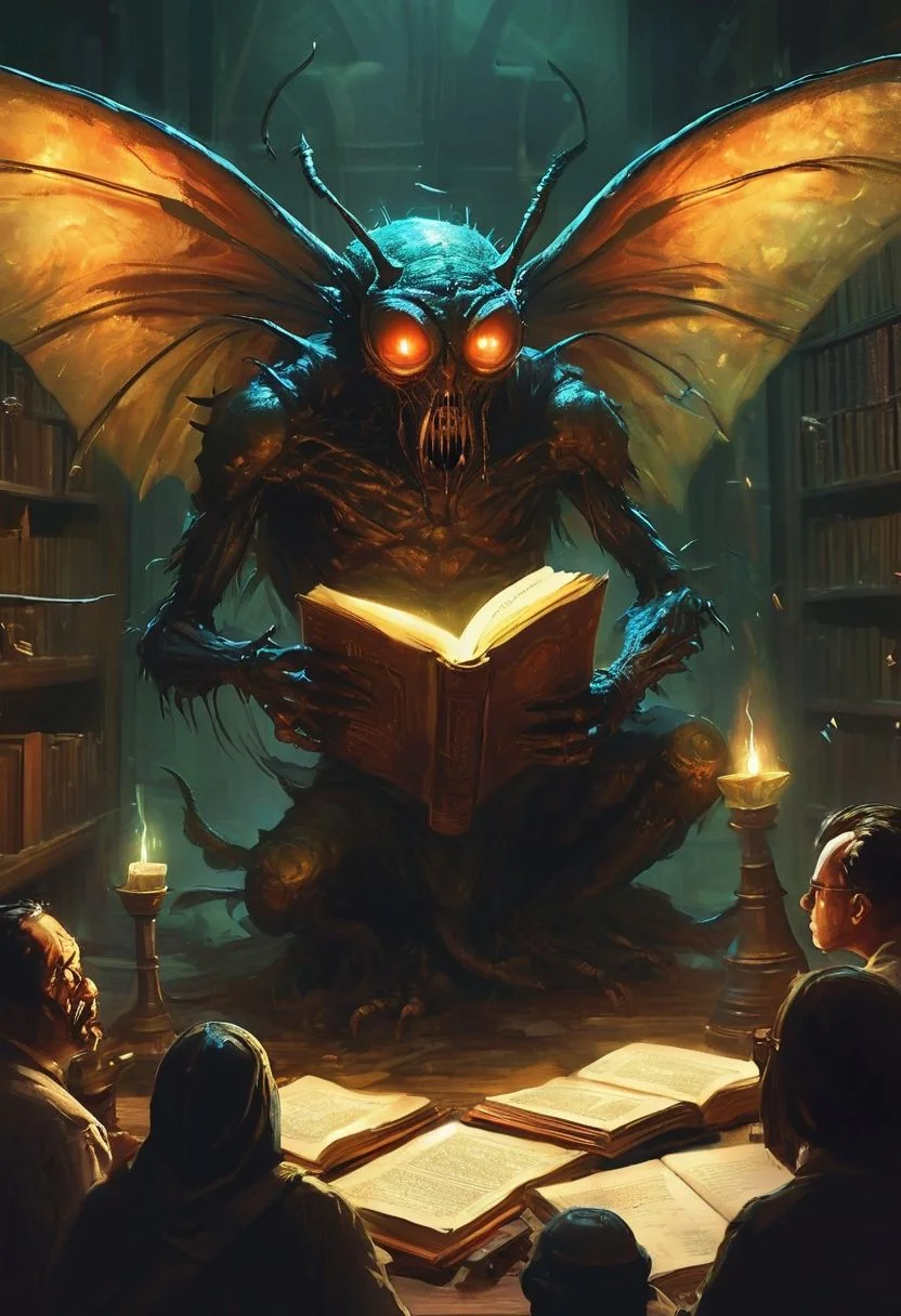 In the restricted section of Miskatonic University's library, a student accidentally reads from a forbidden grimoire, unleashing a swarm of shadowy, insectoid creatures with glistening wings and multiple glowing eyes, their high-pitched screeches reverberating through the silent stacks.
,the scene, depicted in the rich, atmospheric tones of 1950s Super Panavision 70, conveys the profound and terrifying presence of the divine messenger.