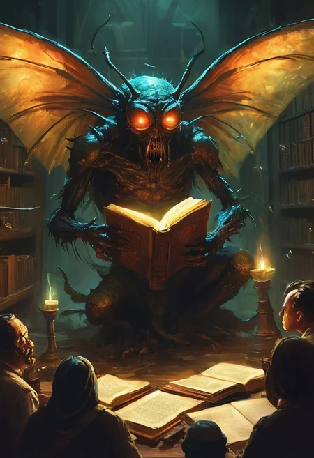 In the restricted section of Miskatonic University's library, a student accidentally reads from a forbidden grimoire, unleashing a swarm of shadowy, insectoid creatures with glistening wings and multiple glowing eyes, their high-pitched screeches reverberating through the silent stacks.
,the scene, depicted in the rich, atmospheric tones of 1950s Super Panavision 70, conveys the profound and terrifying presence of the divine messenger.