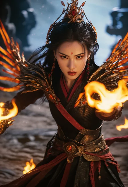 cinematic still professional 3d model concept art This high-impact illustration vividly portrays a girl in the midst of a fierce xianxia fantasy battle, manifesting her mastery over fire. The scene is set mid-combat, with the girl at the center, her robes dramatically flowing as if caught in a tempestuous wind stirred by the battle's intensity. Her hands are outstretched, commanding roaring flames that swirl and leap around her, forming fiery dragons and phoenixes that reflect her indomitable spirit. Her face is alight with a wild, ecstatic laugh, resonating with the thrill of combat and the power at her command. The fire's glow illuminates her features, casting fierce shadows and highlighting the determination in her eyes. The background is a tempest of fire and energy, where traditional wuxia architecture is visible but overwhelmed by the elemental fury she wields. This scene captures the very essence of a high-stakes encounter where every detail screams of the power and chaos of battle.
. digital artwork, illustrative, painterly, matte painting, highly detailed. octane render, highly detailed, volumetric, dramatic lighting. emotional, harmonious, vignette, 4k epic detailed, shot on kodak, 35mm photo, sharp focus, high budget, cinemascope, moody, epic, gorgeous, film grain, grainy, cinematic, artistic, extremely fine balanced, light shining deep clear flawless glossy color, full pretty