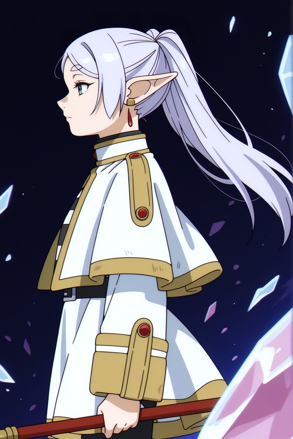 <lora:Frieren:0.8> Frieren, rating safe, solo, long hair, shirt, long sleeves, holding, jewelry, twintails, white hair, pantyhose, earrings, pointy ears, striped clothes, from side, black pantyhose, torn clothes, profile, capelet, elf, staff, striped shirt, holding staff, white capelet, dangle earrings, shards