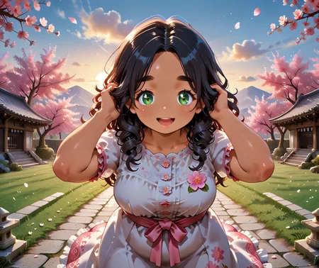 IllusP0s, PonyScores7, source_anime, ah1, IllustriousQual, interesting, exciting, spectacular, wonderful, 
BREAK <lora:xl_more_art-full_v1:0.2>, <lora:aesthetic_anime_v1s:0.2>, <lora:EpicF4nta5yXL:0.2>, <lora:detailxl:0.2>, detailxl, <lora:Fant5yP0ny:0.2>, amazing quality, best aesthetic, absurdres, illustration, Volumetric_Lighting, ultra-detailed, very aesthetic, intricate details, best_quality
BREAK ((covering own ears)),
BREAK Stable_Yogis_PDXL_Positives, AS-Adult, <lora:Complicated fantasy portrait - XL Pony V2.0:0.2>, bad-hands-5, <lora:HDA_Detailer:0.3>, <lora:natsumi_style:0.5>, <lora:by_usakun-pony:0.4>, by usakun, <lora:Akina_Bbw_Style_-_PonyXL:0.2>, AkinBw, ((1koma)),
BREAK 1girl, mature female, (curvy), round-chin, caucasian, <lora:ETO_OC_Illustrius:0.5>, eto_oc, skindentation, (plump), thick thighs, wide hips, busty, voluptuous, <lora:venus body PonyXL:0.3>, <lora:shinyskin2:0.2>, glistening skin, HDA_FatGirlXL, 
BREAK ((<lora:Sakura_Morph:0.8>, (classic white fitted dress with ruffled edges and tan espadrilles made of sakura), (sakura made clothes), flowers, cherry blossoms, petals, pink flower, still life)),
BREAK (curly hair), long hair, (black hair:1.4), (parted hair:1.7), messy hair, kinky curls, <lora:hairdetailpxl:0.2>, hairdetailpxl,
BREAK (half green and brown eyes), (colorful eyes), (multicolored eyes), (downturned eyes:1.4), <lora:expressive eyes:0.2>, expressive eyes, <lora:eyedetailpxl:0.2>, eyedetailpxl, <lora:Eyes_High_Definition:0.2>, EyesHD, (round face:1.2), (thick eyebrows:1.3), (plump face), <lora:Round_face:0.2>, lips, 
BREAK ((radiant smile, sparkling eyes, open mouth expression)), <lora:Expressive_H:0.2>, Expressiveh, <lora:Emotional_Anime_Expressions_PonyXL_Concept:0.2>, emotional, <lora:Best_Facial_Expression_LoRA_PONY:0.2>, looking at viewer, <lora:Detailed expressive EXEV style -XL Pony V1.0:0.2>, FaceDetail,
BREAK (((a picturesque sunset casting warm colors over a historic Hawaiian heiau (temple), where the silhouette of the ancient stones contrasts beautifully with the colorful sky))), <lora:Background Detailer - SDXL:0.8>, 4k, 8k, Ultra HD, Masterpiece, Best quality, Detailed background, <lora:Add_more_details_V2_XLpony:0.4> full_details,