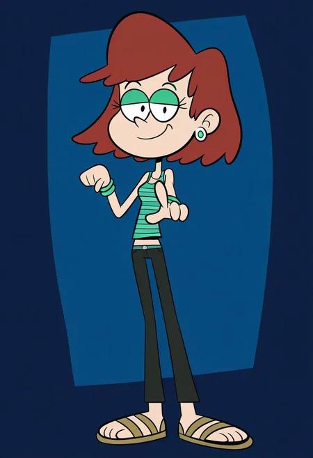 Hhriblestyle, b3cky, green eyeshadow, earrings, striped shirt, tank top, pants, bracelet, sandals, 1 girl, solo, smile, pointing at viewer, looking at viewer,
