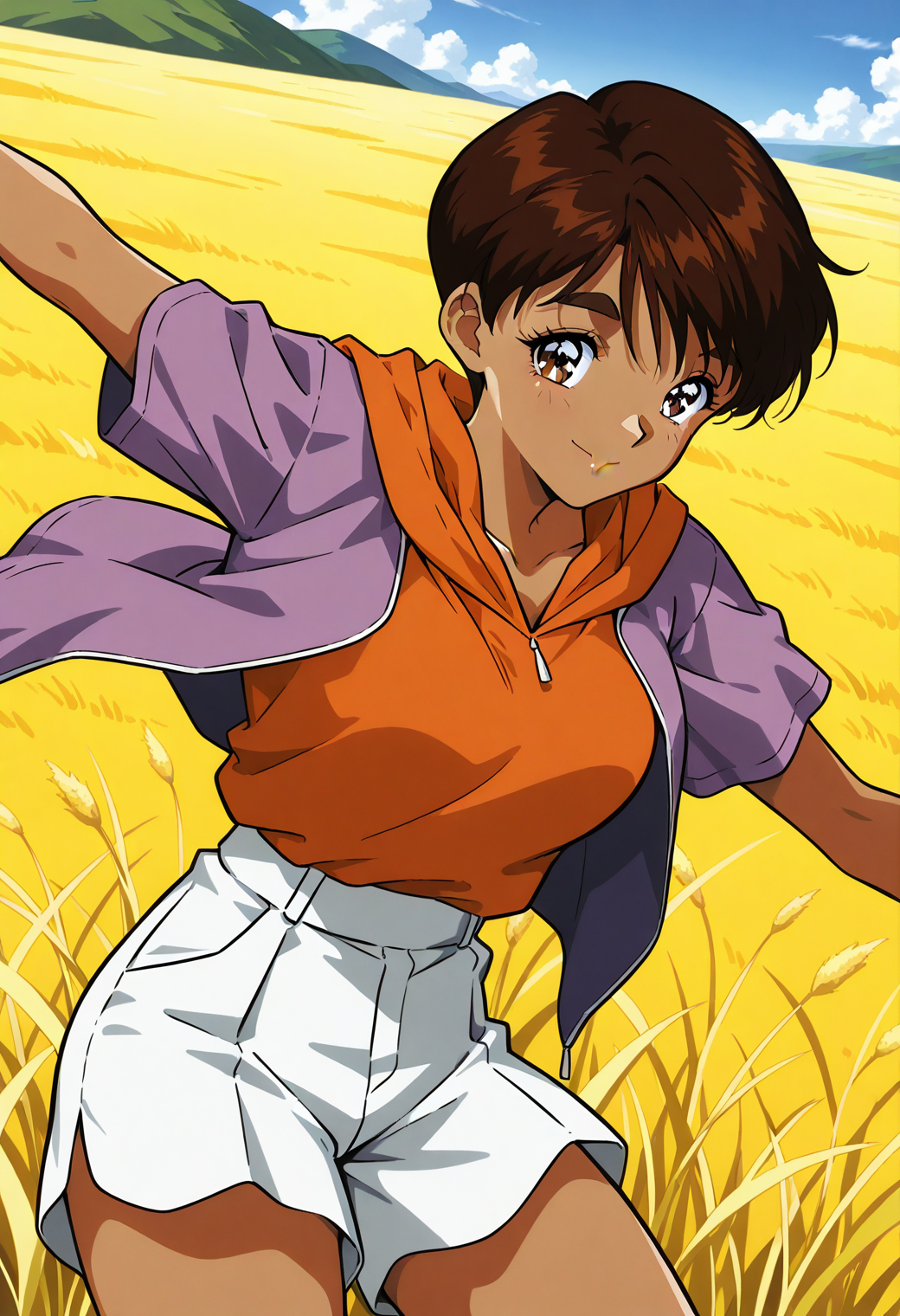 sr5_mizuki, retro artstyle, dark skin, dark-skinned female, thick eyebrows, brown eyes, brown hair, short hair, orange hoodie, purple jacket, short sleeves, white shorts, <lora:SR5_mizuki_illustrious_ver1:0.8> 
smile,, masterpiece, best quality, general,, 1girl, solo, (field:1.2), (blue sky:1.2), looking at viewer,, (cowboy shot, dynamic pose:1.4),