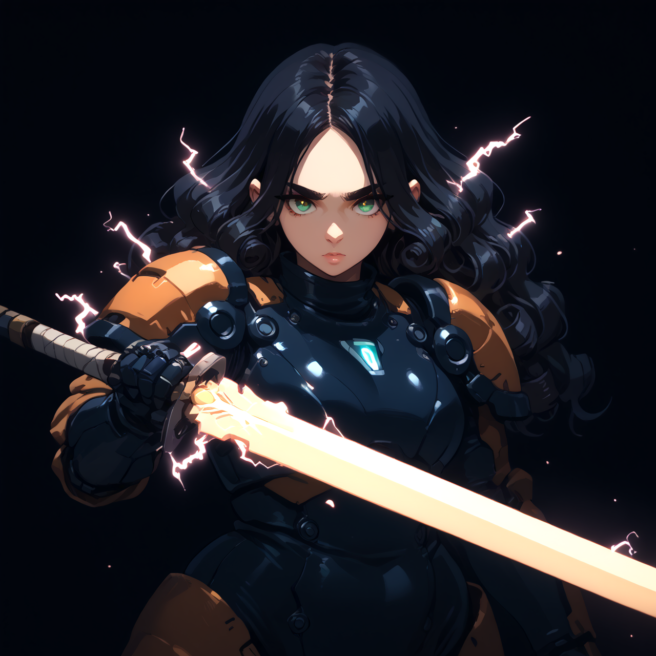 PonyScores7, source_anime, ah1, 1girl, (curly hair), long hair, (black hair), mature female, (parted hair), (round face:1.2), (no_bangs), (no_fringe), (thick eyebrows), (curvy), round-chin, (greenish hazel eyes), caucasian, (downturned eyes:1.2), (plump face), <lora:ETO_OCPonyXL:0.7> eto_oc, skindentation, (plump:1.2), thick thighs, wide hips, busty, voluptuous, kinky curls, lips, bad-hands-5, <lora:venus body PonyXL:0.6>, <lora:xl_more_art-full_v1:0.2>, <lora:shinyskin2:0.2> glistening skin, <lora:aesthetic_anime_v1s:0.2>, <lora:Expressive_H:0.2> Expressiveh, <lora:hairdetailpxl:0.2> hairdetailpxl, <lora:EpicF4nta5yXL:0.2>, <lora:detailxl:0.2> detailxl, <lora:Fant5yP0ny:0.2>, best quality, amazing quality, best aesthetic, absurdres, <lora:expressive eyes:0.2> expressive eyes, <lora:eyedetailpxl:0.2> eyedetailpxl, illustration, Volumetric_Lighting, ultra-detailed, very aesthetic, intricate details, 8k, masterpiece, best_quality, (Outstanding), (Extreme Close-Up shot (focus on feet)), (a rogue ai taking control of all technology on earth), <lora:Eyes_High_Definition:0.2> EyesHD, looking at viewer, <lora:Pony_Mecha_Knight_-_By_HailoKnight:0.7> sci-fi, (wearing carla mecha armor), (((holding a glowing sword))), sci-fi, hkmecha, AS-MidAged, <lora:Plasma_Sword:0.8> (((Plasma Sword, Holding Plasma Sword, sparks, electricity))),