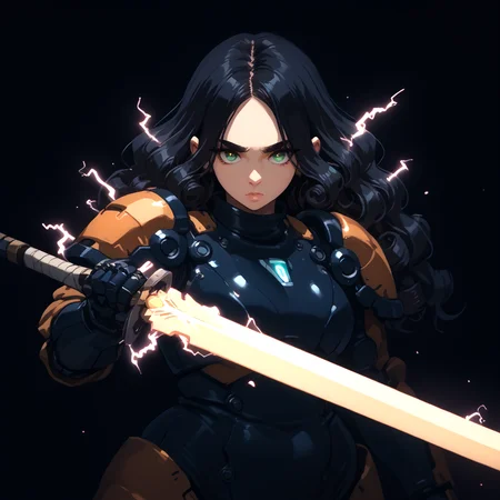PonyScores7, source_anime, ah1, 1girl, (curly hair), long hair, (black hair), mature female, (parted hair), (round face:1.2), (no_bangs), (no_fringe), (thick eyebrows), (curvy), round-chin, (greenish hazel eyes), caucasian, (downturned eyes:1.2), (plump face), <lora:ETO_OCPonyXL:0.7> eto_oc, skindentation, (plump:1.2), thick thighs, wide hips, busty, voluptuous, kinky curls, lips, bad-hands-5, <lora:venus body PonyXL:0.6>, <lora:xl_more_art-full_v1:0.2>, <lora:shinyskin2:0.2> glistening skin, <lora:aesthetic_anime_v1s:0.2>, <lora:Expressive_H:0.2> Expressiveh, <lora:hairdetailpxl:0.2> hairdetailpxl, <lora:EpicF4nta5yXL:0.2>, <lora:detailxl:0.2> detailxl, <lora:Fant5yP0ny:0.2>, best quality, amazing quality, best aesthetic, absurdres, <lora:expressive eyes:0.2> expressive eyes, <lora:eyedetailpxl:0.2> eyedetailpxl, illustration, Volumetric_Lighting, ultra-detailed, very aesthetic, intricate details, 8k, masterpiece, best_quality, (Outstanding), (Extreme Close-Up shot (focus on feet)), (a rogue ai taking control of all technology on earth), <lora:Eyes_High_Definition:0.2> EyesHD, looking at viewer, <lora:Pony_Mecha_Knight_-_By_HailoKnight:0.7> sci-fi, (wearing carla mecha armor), (((holding a glowing sword))), sci-fi, hkmecha, AS-MidAged, <lora:Plasma_Sword:0.8> (((Plasma Sword, Holding Plasma Sword, sparks, electricity))),