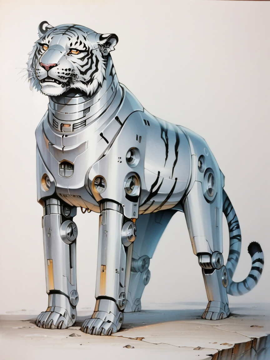 score_9, score_8_up, score_7_up, score_6_up, score_5_up, <lora:cybercoreXLP:0.7> cybercore, science fiction, traditional media, retro artstyle, robot, feral, tiger