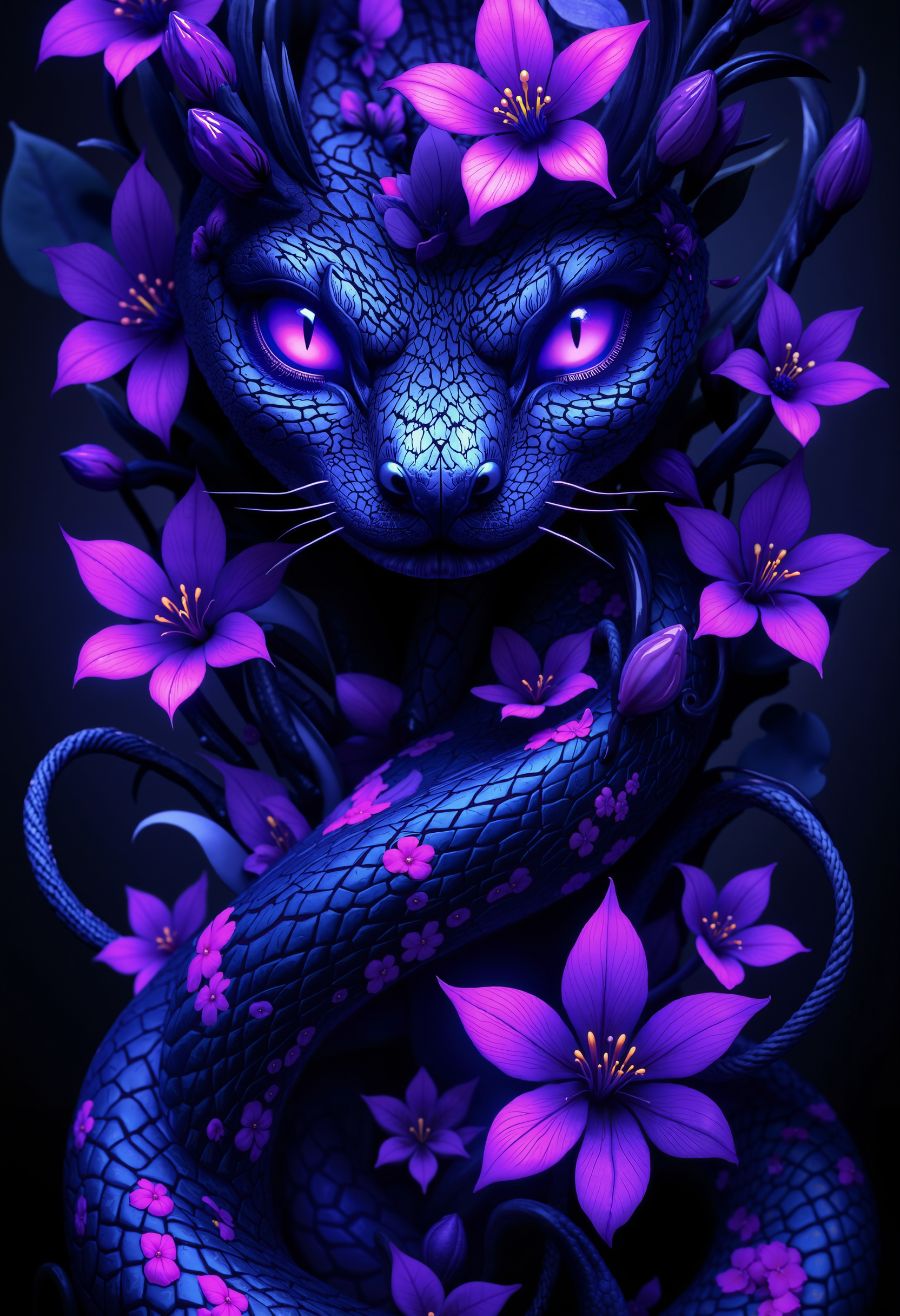 bo-snake, bo-neon, bo-abyss, A vivid portrayal of a snake coiled around a cluster of vibrant purple flowers. The snake's scales are intricately detailed, and its eyes are a striking shade of purple. The flowers are delicately arranged around the snake, creating a sense of depth and movement. The background is a gradient of deep blues and purples, suggesting a mystical or otherworldly setting. The overall style is surreal and dreamlike, emphasizing the interplay of light and shadow.<lora:boFLUX Abyss Neon.safetensors:0.8:0.8> <lora:boFLUX Year of the Snake.safetensors:1.0:1.0> <lora:Flux\boFLUX digital-abyss.safetensors:0.8:0.8>