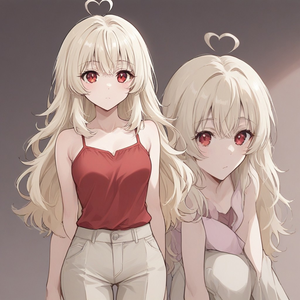 1girl, 3v4ngl13, pale blonde hair, red eyes, camisole, trousers,