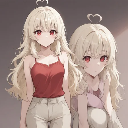1girl, 3v4ngl13, pale blonde hair, red eyes, camisole, trousers,