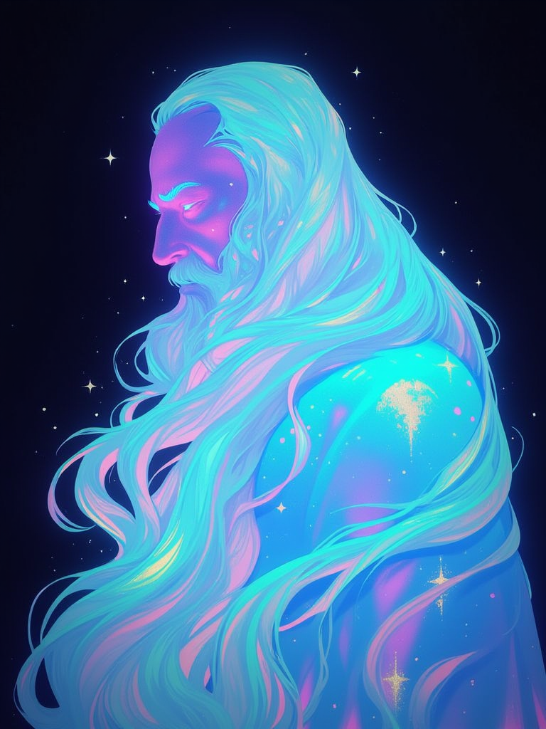 w1z_dr34m, dreamy illustration, silhouette profile of a iridescent old wizard whitebeard with a long flowing white beard that arcs like a living ribbon of energy. celestial light. the atmosphere is otherworldly, and dreamlike. Vibrant holographic effect.
