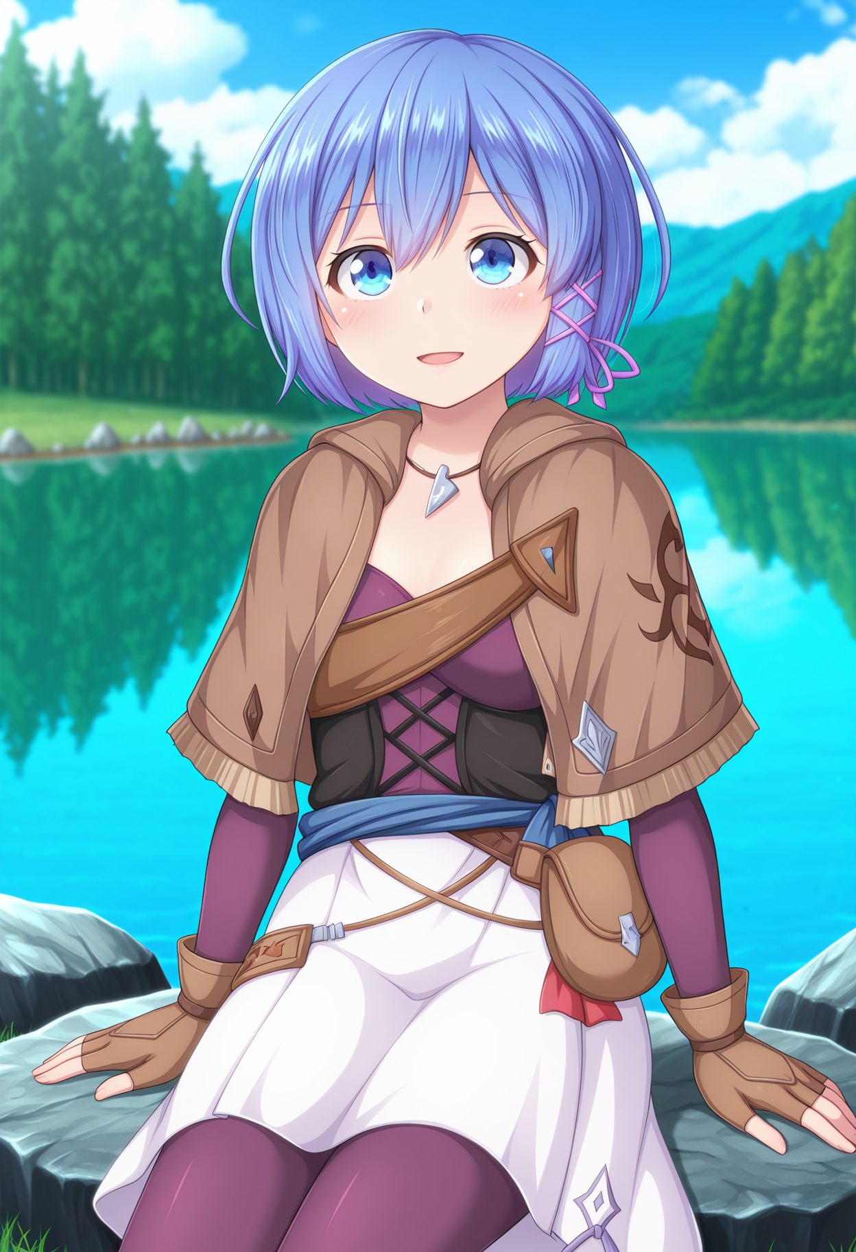 masterpiece, best quality, anime screenshot, anime, 1girl, solo, <lora:Luluk [Illustrious] - HtBaMK pruned:1>, lucha, blue eyes, blue hair, short hair, CCadventure, brown capelet, brown gloves, fingerless gloves, bag, white skirt, purple pantyhose, blue sky, cloudy sky, nature, forest, blurry background, sitting, lake, water, rock, blush, cowboy shot, open mouth, light smile