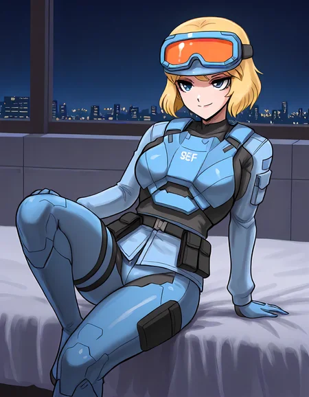 1girl, solo, medium breasts,  <lora:S.E.A.F_Girl_New_epoch_3:1>, seafgirl, short blonde hair, helmet, goggles on head, gloves, bulletproof vest, military uniform, blue bodysuit, A woman sitting on a bed with one leg bent, the other stretched out, leaning on one arm., cityscape, night, futuristic, determined, stern look, focused, smile, masterpiece, best quality, newest, absurdres, highres, very awa,, <lora:John_Joseco_epoch_8_IL:1>, johnjosecostyle