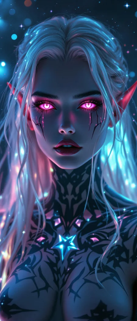 Create a close-up image of a fantasy dark elf’s body.
Her skin glows with a soft, ethereal light and is adorned with neon tattoos that cover her body in intricate patterns. The tattoos emit a magical glow that illuminates her delicate features.
Her eyes are large and bright, subtly changing between shades of purple and red, as if holding hell within them.
Her long, silver hair frames her face, adding a touch of magic to the scene. The background features a starry sky that enhances the dreamy atmosphere , hyper realistic , 30mm shot