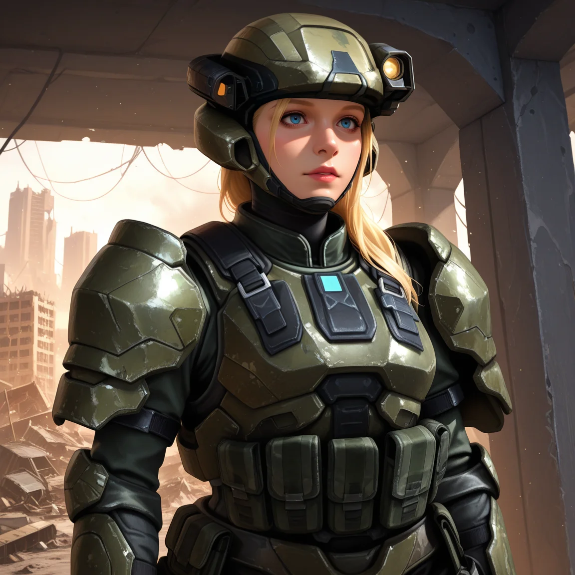 Masterpiece, high-res, 2k, best quality, 2.5d, realistic, 1 girl , fem marine, helmet, headlight , armor, blonde hair, blue eyes , realistic, military, gray camouflage, black balaclava, face cover , scifi , medium shot, in a destroyed city<lora:fem_marine_illus-000049:1> Enchanting Back Bend with Hair Flowing: Arch your back with your hair flowing freely creating a pose that exudes femininity and sensuality.